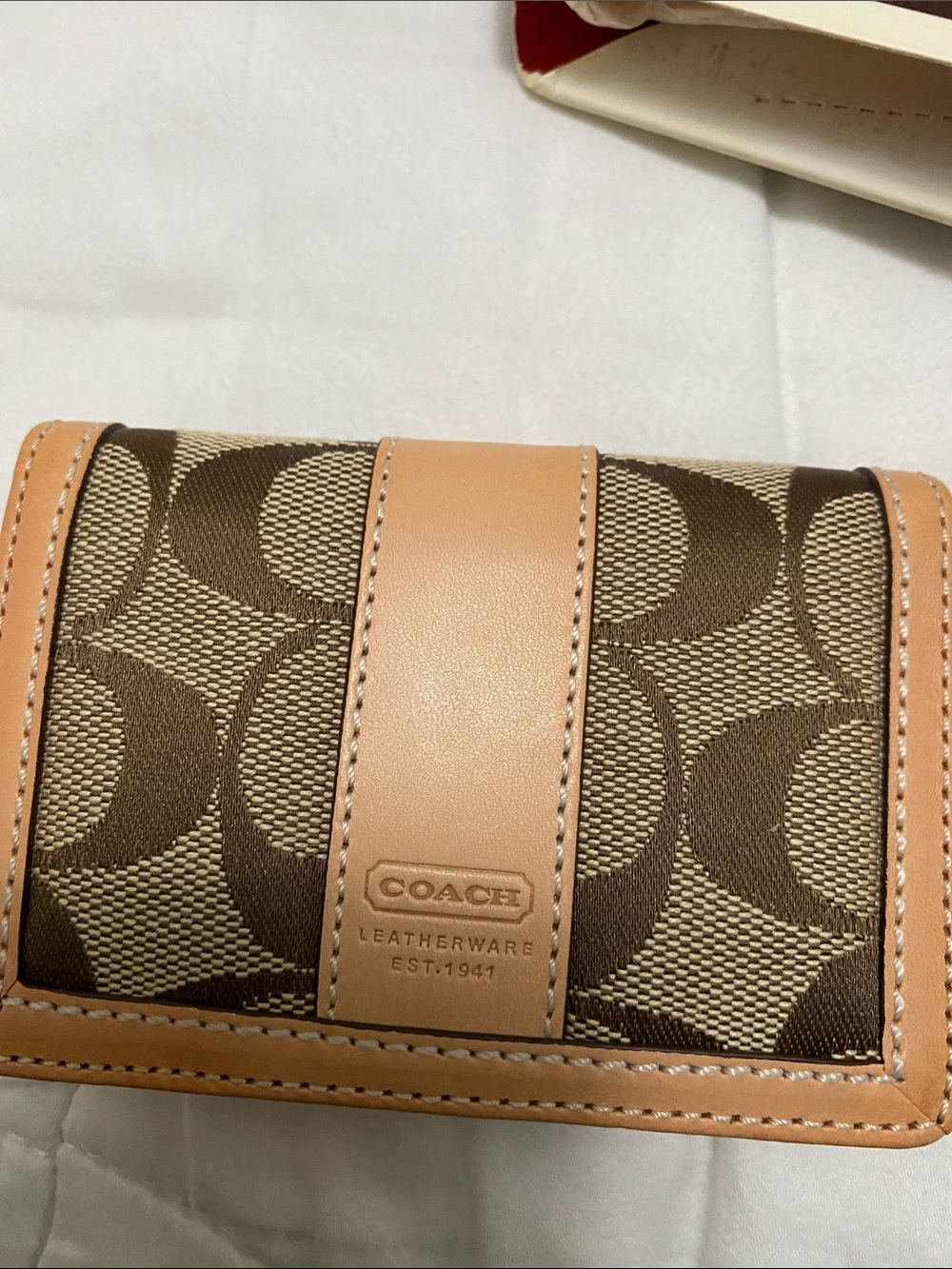 Coach Brown Signature Canvas Trifold Wallet with Tan Leather Trim - Picture 5 of 6